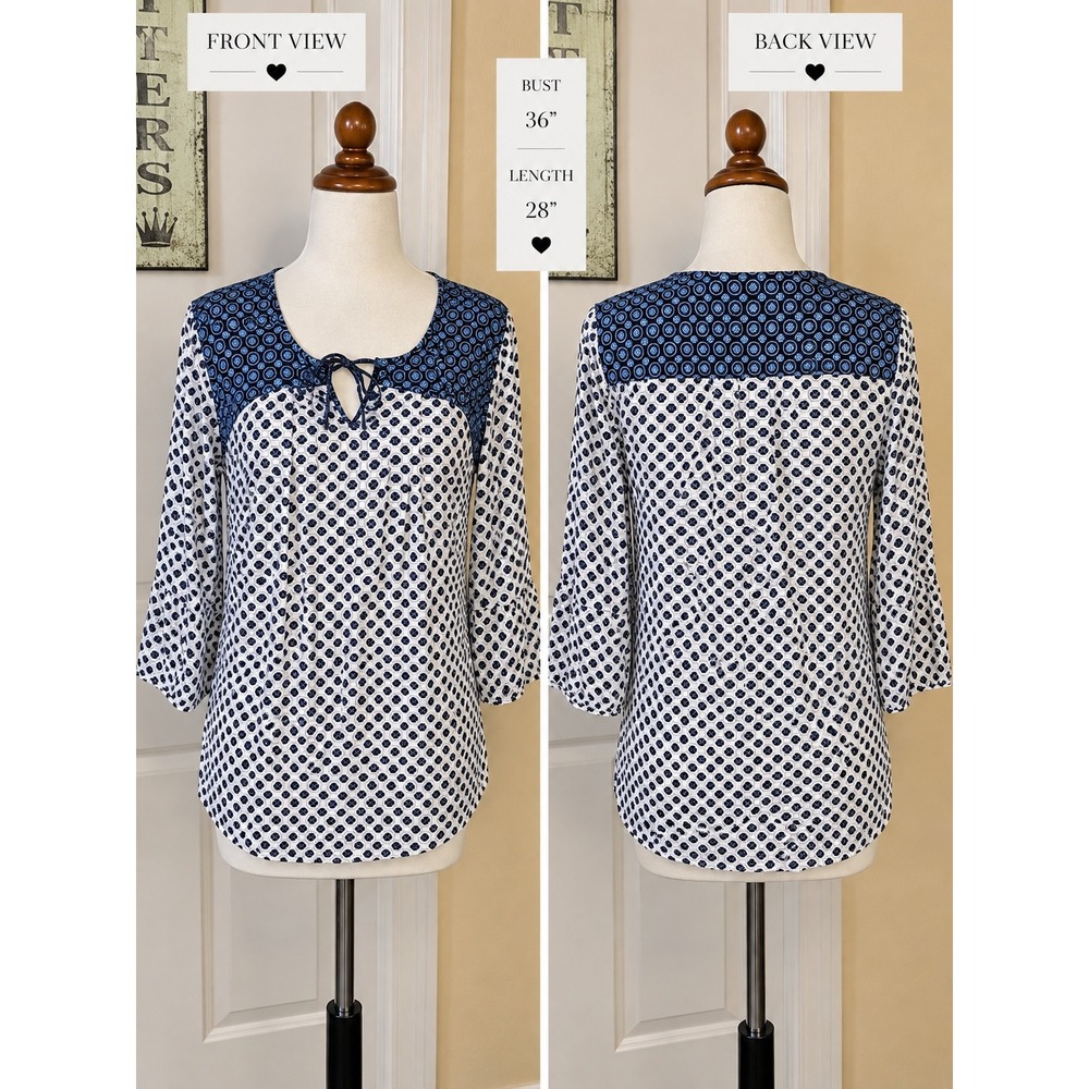 Laura Scott Polka Dot Blouse S Blue‎ White Boho Tie Neck Top